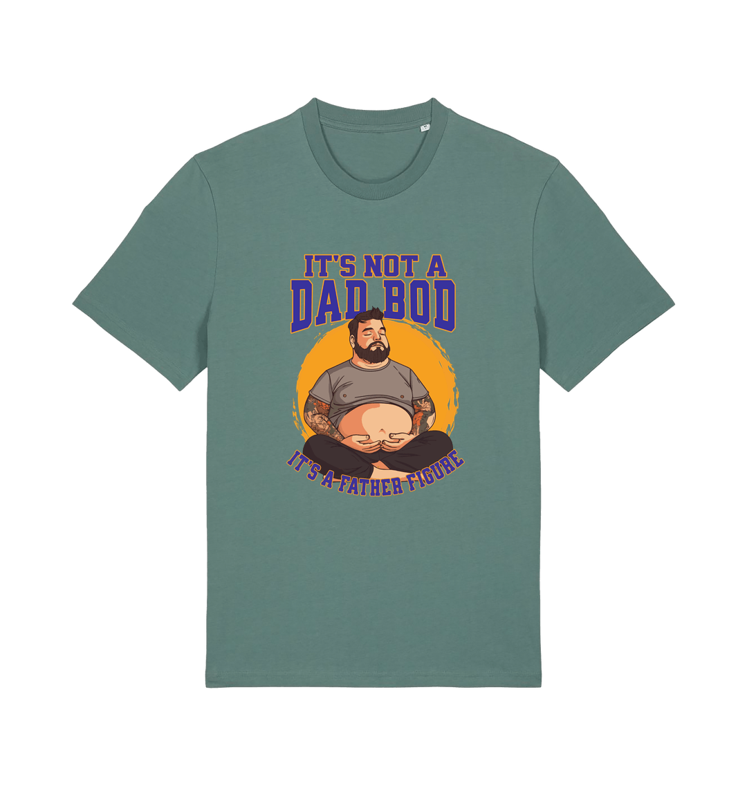 green funny dad t-shirt with the graphic of a man with a beer belly and the slogan 'it's not a dad bod it's a father figure'