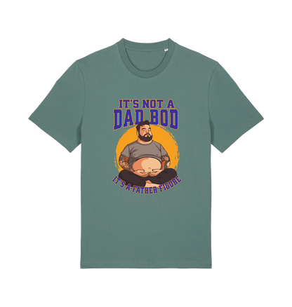 green funny dad t-shirt with the graphic of a man with a beer belly and the slogan 'it's not a dad bod it's a father figure'