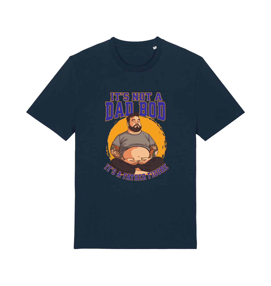 navy funny dad t-shirt with the graphic of a man with a beer belly and the slogan 'it's not a dad bod it's a father figure'