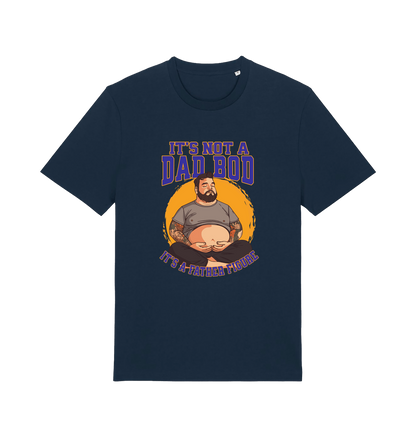 navy funny dad t-shirt with the graphic of a man with a beer belly and the slogan 'it's not a dad bod it's a father figure'