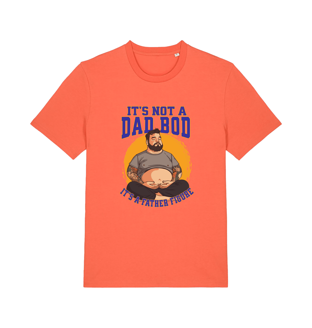 orange funny dad t-shirt with the graphic of a man with a beer belly and the slogan 'it's not a dad bod it's a father figure'