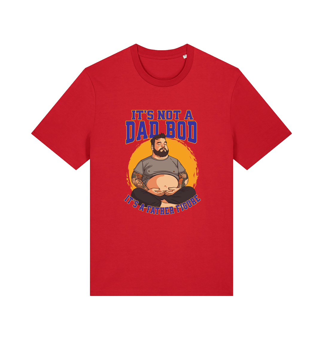 red funny dad t-shirt with the graphic of a man with a beer belly and the slogan 'it's not a dad bod it's a father figure'