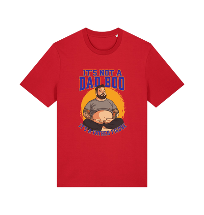 red funny dad t-shirt with the graphic of a man with a beer belly and the slogan 'it's not a dad bod it's a father figure'