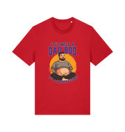 red funny dad t-shirt with the graphic of a man with a beer belly and the slogan 'it's not a dad bod it's a father figure'