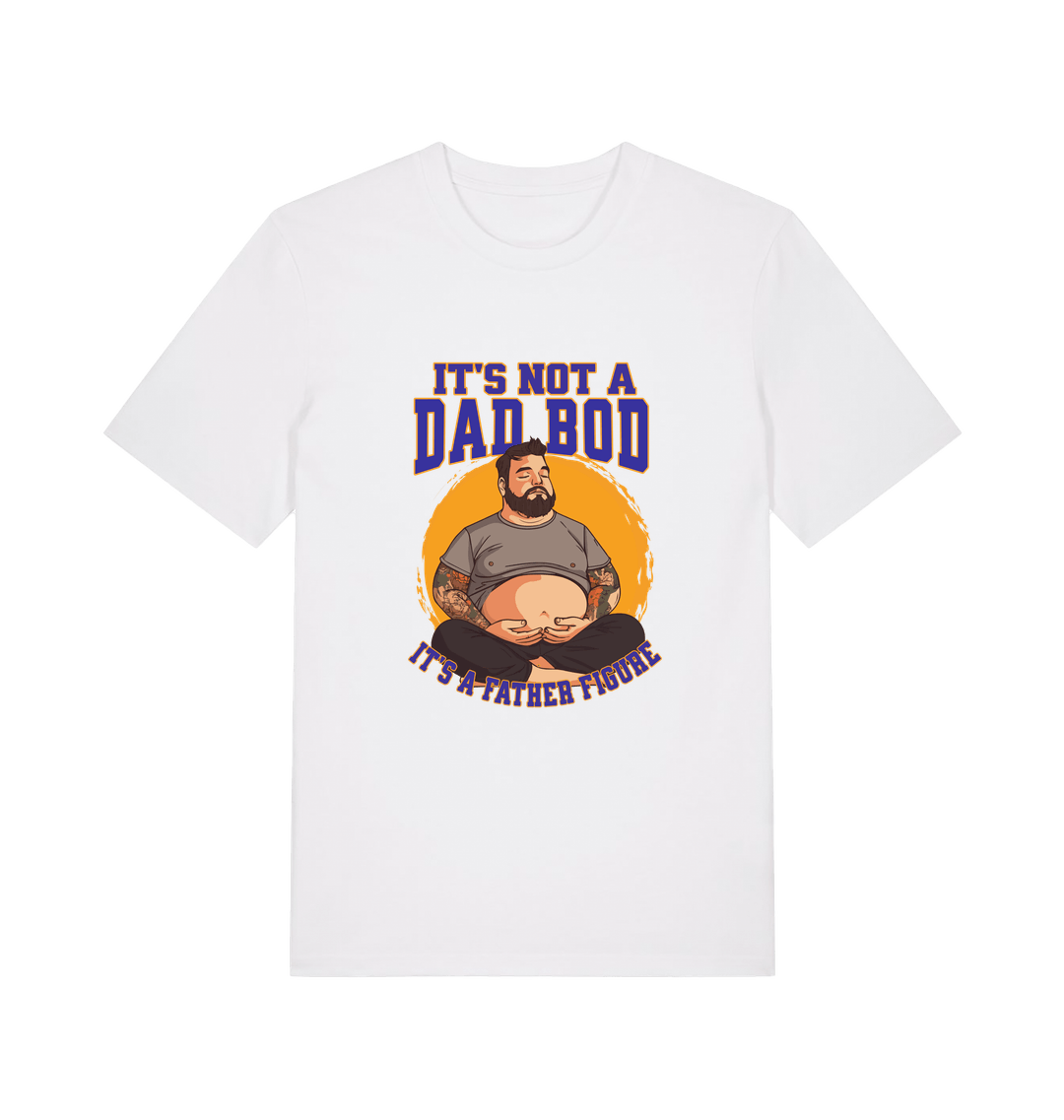 white funny dad t-shirt with the graphic of a man with a beer belly and the slogan 'it's not a dad bod it's a father figure'