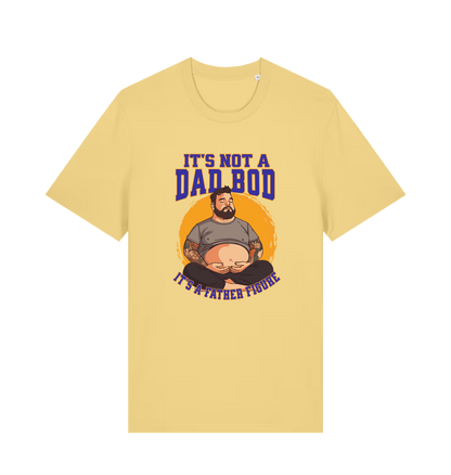 yellow funny dad t-shirt with the graphic of a man with a beer belly and the slogan 'it's not a dad bod it's a father figure'