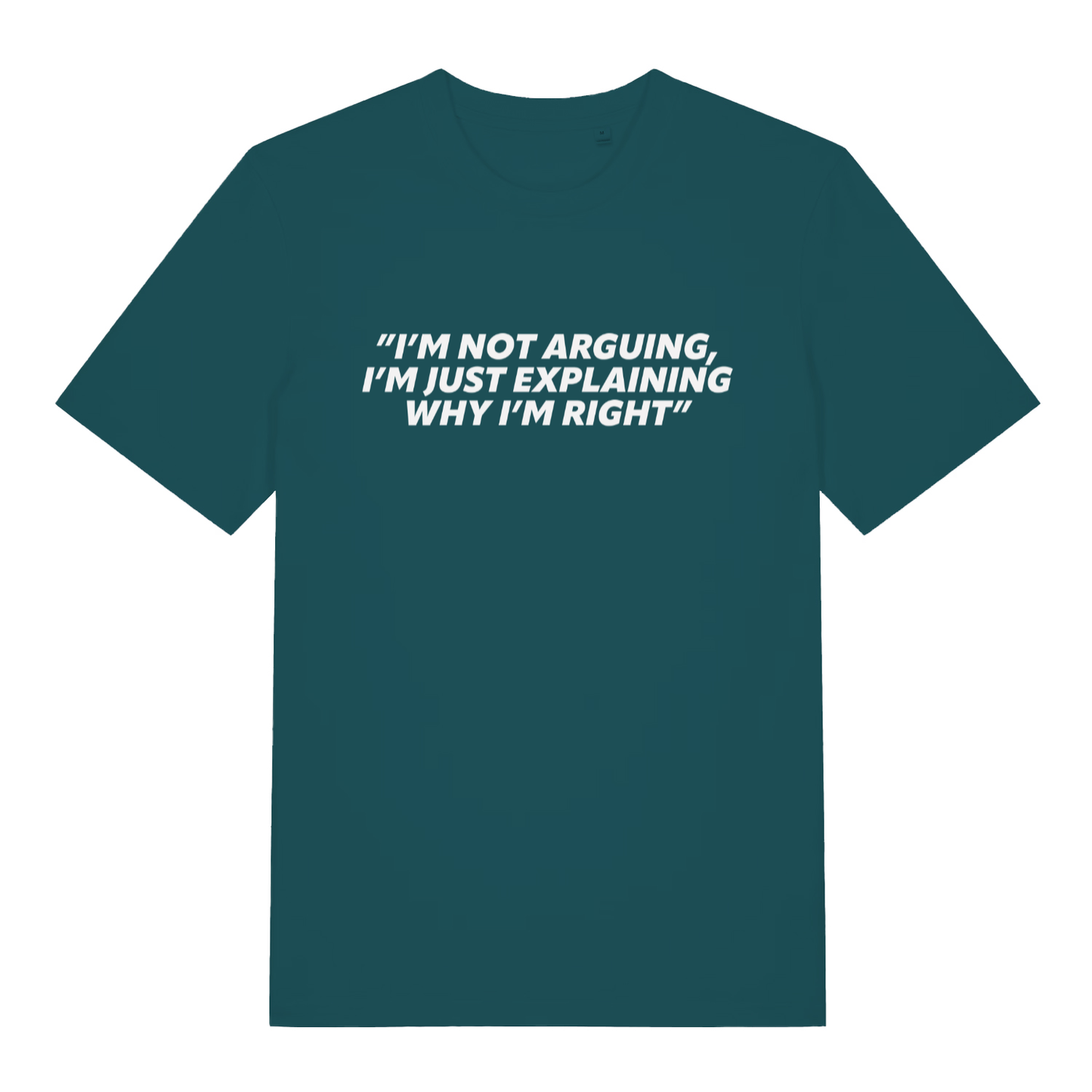 Teal I’m Not Arguing I’m Just Explaining Why I’m Right funny slogan t-shirt showing witty explaining text  