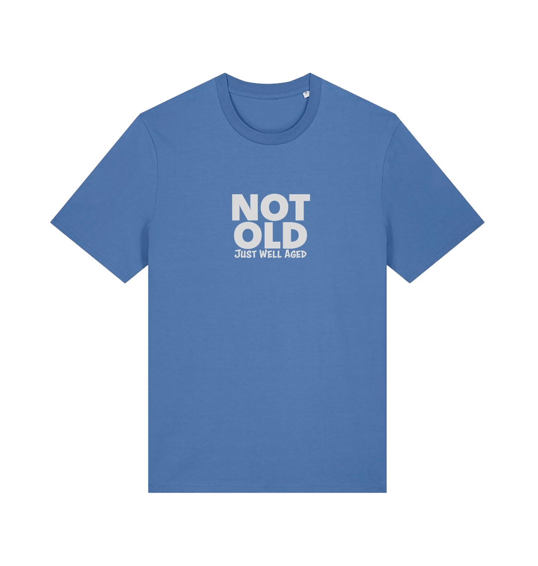 blue funny slogan t-shirt with 'not old just well aged'