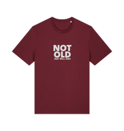burgundy funny slogan t-shirt with 'not old just well aged'