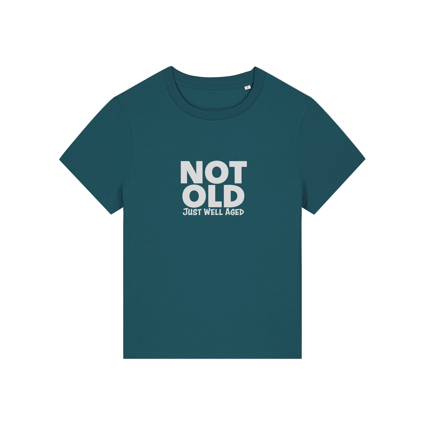 teal funny slogan t-shirt that reads 'not old just well aged'
