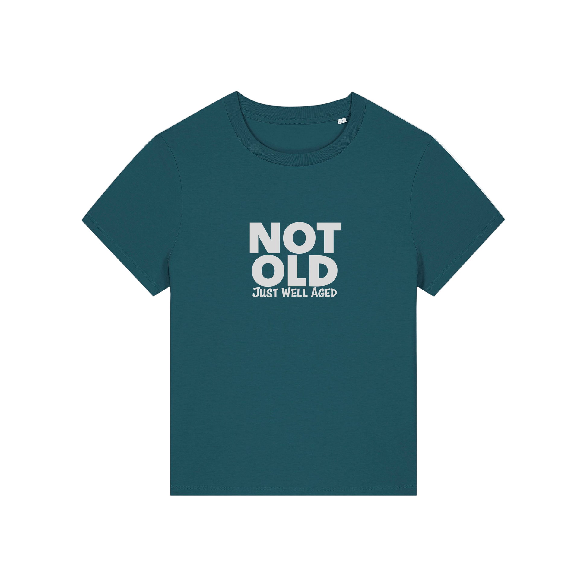 teal funny slogan t-shirt that reads 'not old just well aged'