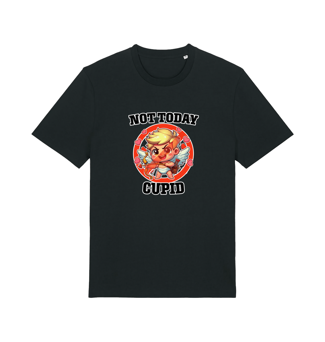 black funny graphic t-shirt with a cartoon graphic of cupid and the slogan 'not today cupid'