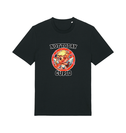 black funny graphic t-shirt with a cartoon graphic of cupid and the slogan 'not today cupid'