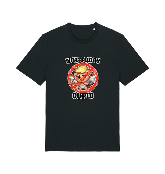 black funny graphic t-shirt with a cartoon graphic of cupid and the slogan 'not today cupid'
