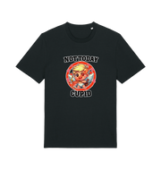 black funny graphic t-shirt with a cartoon graphic of cupid and the slogan 'not today cupid'