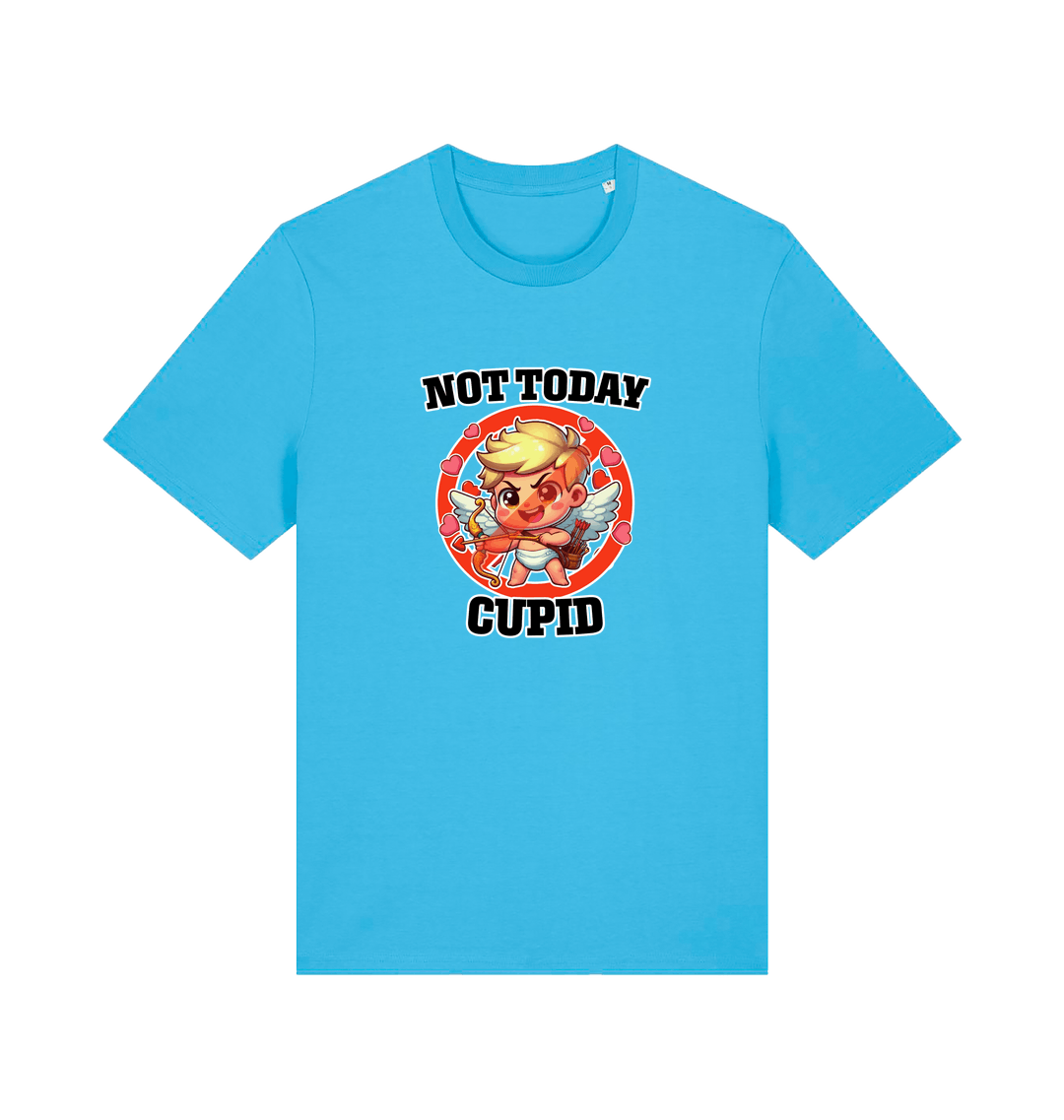 blue funny graphic t-shirt with a cartoon graphic of cupid and the slogan 'not today cupid'