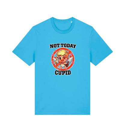 blue funny graphic t-shirt with a cartoon graphic of cupid and the slogan 'not today cupid'