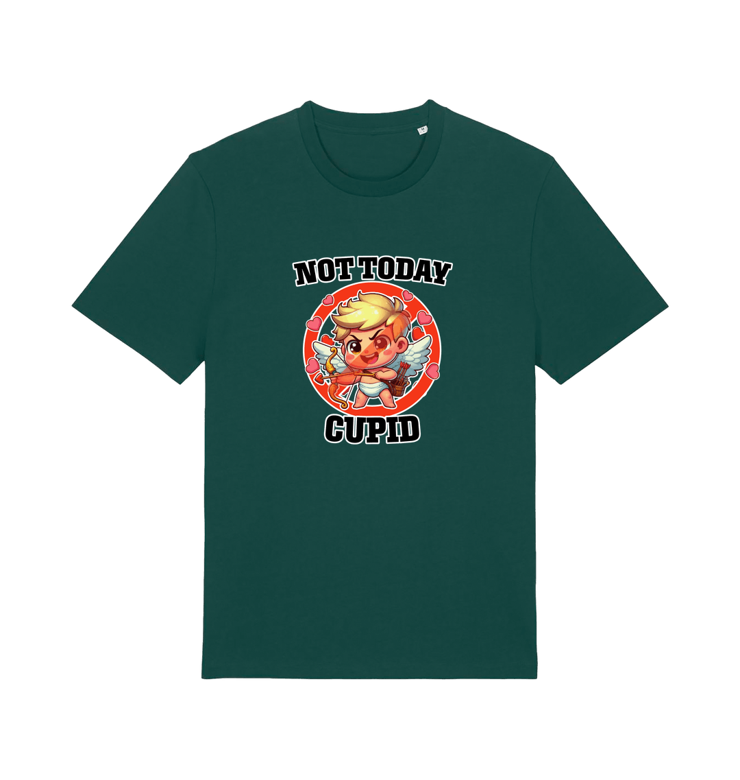 green funny graphic t-shirt with a cartoon graphic of cupid and the slogan 'not today cupid'