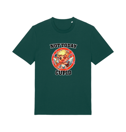 green funny graphic t-shirt with a cartoon graphic of cupid and the slogan 'not today cupid'