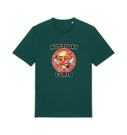 green funny graphic t-shirt with a cartoon graphic of cupid and the slogan 'not today cupid'