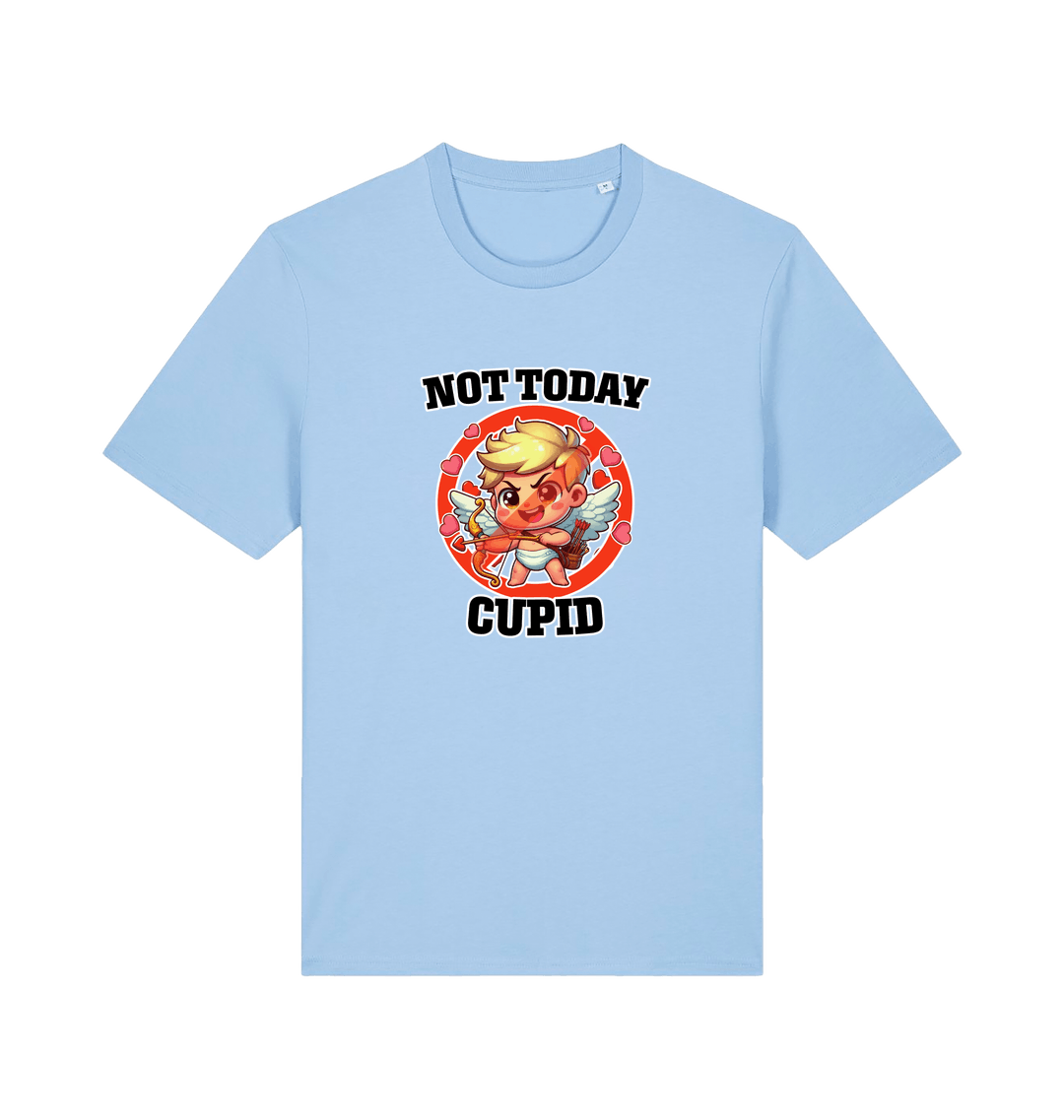 light blue funny graphic t-shirt with a cartoon graphic of cupid and the slogan 'not today cupid'