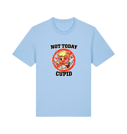 light blue funny graphic t-shirt with a cartoon graphic of cupid and the slogan 'not today cupid'
