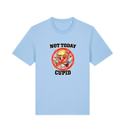 light blue funny graphic t-shirt with a cartoon graphic of cupid and the slogan 'not today cupid'