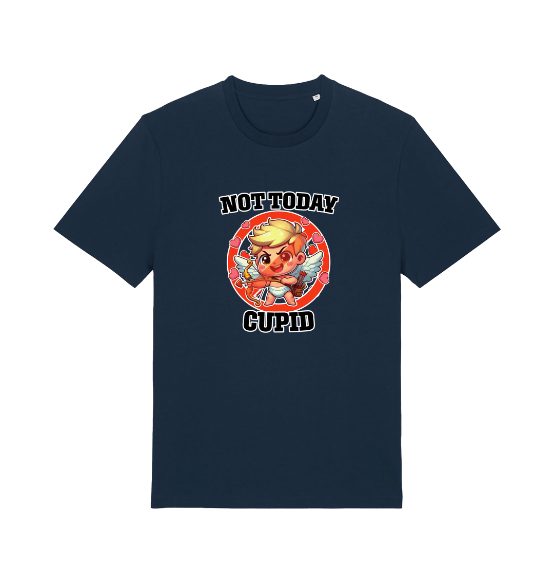 navy funny graphic t-shirt with a cartoon graphic of cupid and the slogan 'not today cupid'