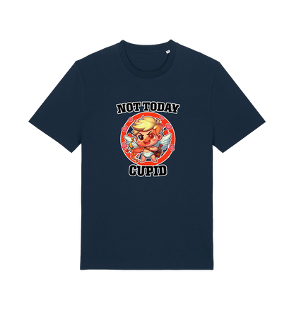 navy funny graphic t-shirt with a cartoon graphic of cupid and the slogan 'not today cupid'