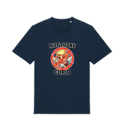 navy funny graphic t-shirt with a cartoon graphic of cupid and the slogan 'not today cupid'