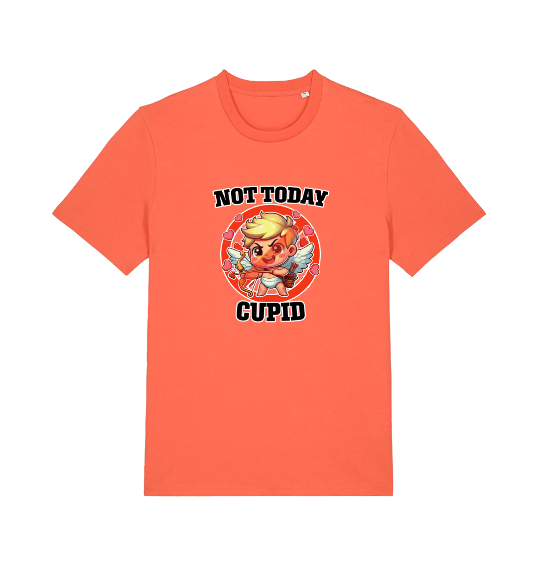 orange funny graphic t-shirt with a cartoon graphic of cupid and the slogan 'not today cupid'