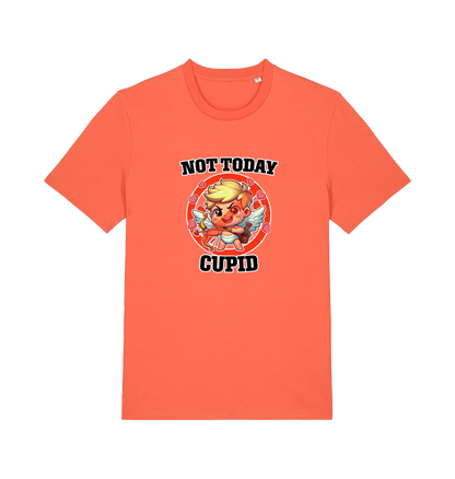 orange funny graphic t-shirt with a cartoon graphic of cupid and the slogan 'not today cupid'