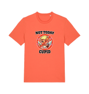 orange funny graphic t-shirt with a cartoon graphic of cupid and the slogan 'not today cupid'