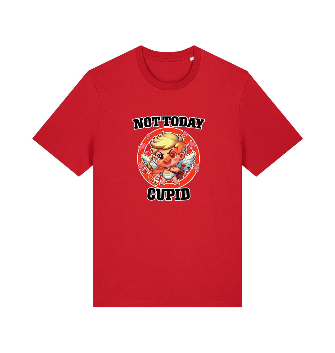 red funny graphic t-shirt with a cartoon graphic of cupid and the slogan 'not today cupid'