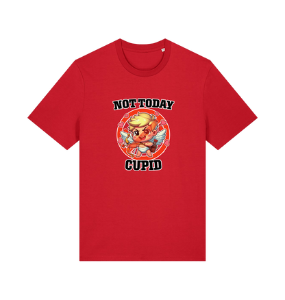 red funny graphic t-shirt with a cartoon graphic of cupid and the slogan 'not today cupid'