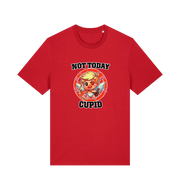 red funny graphic t-shirt with a cartoon graphic of cupid and the slogan 'not today cupid'