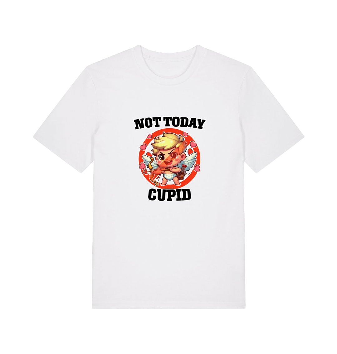 white funny graphic t-shirt with a cartoon graphic of cupid and the slogan 'not today cupid'