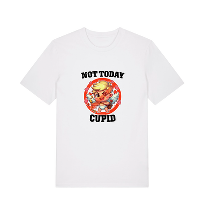 white funny graphic t-shirt with a cartoon graphic of cupid and the slogan 'not today cupid'