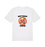 white funny graphic t-shirt with a cartoon graphic of cupid and the slogan 'not today cupid'