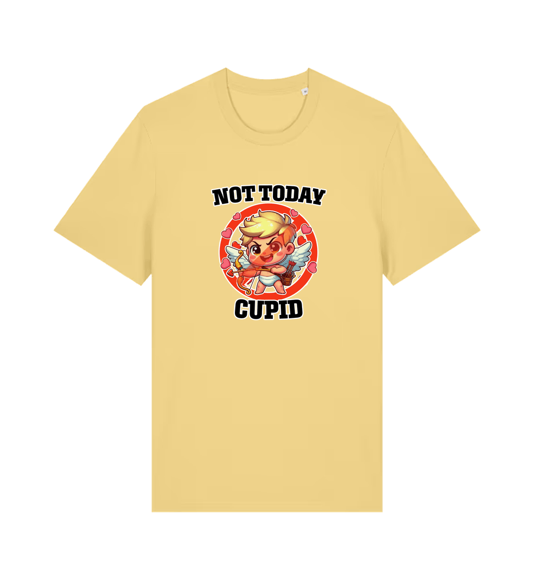 yellow funny graphic t-shirt with a cartoon graphic of cupid and the slogan 'not today cupid'