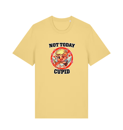 yellow funny graphic t-shirt with a cartoon graphic of cupid and the slogan 'not today cupid'