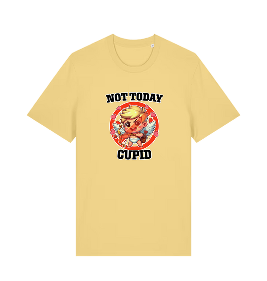 yellow funny graphic t-shirt with a cartoon graphic of cupid and the slogan 'not today cupid'