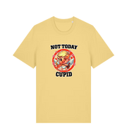 yellow funny graphic t-shirt with a cartoon graphic of cupid and the slogan 'not today cupid'