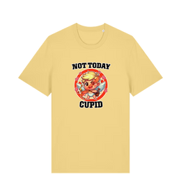 yellow funny graphic t-shirt with a cartoon graphic of cupid and the slogan 'not today cupid'