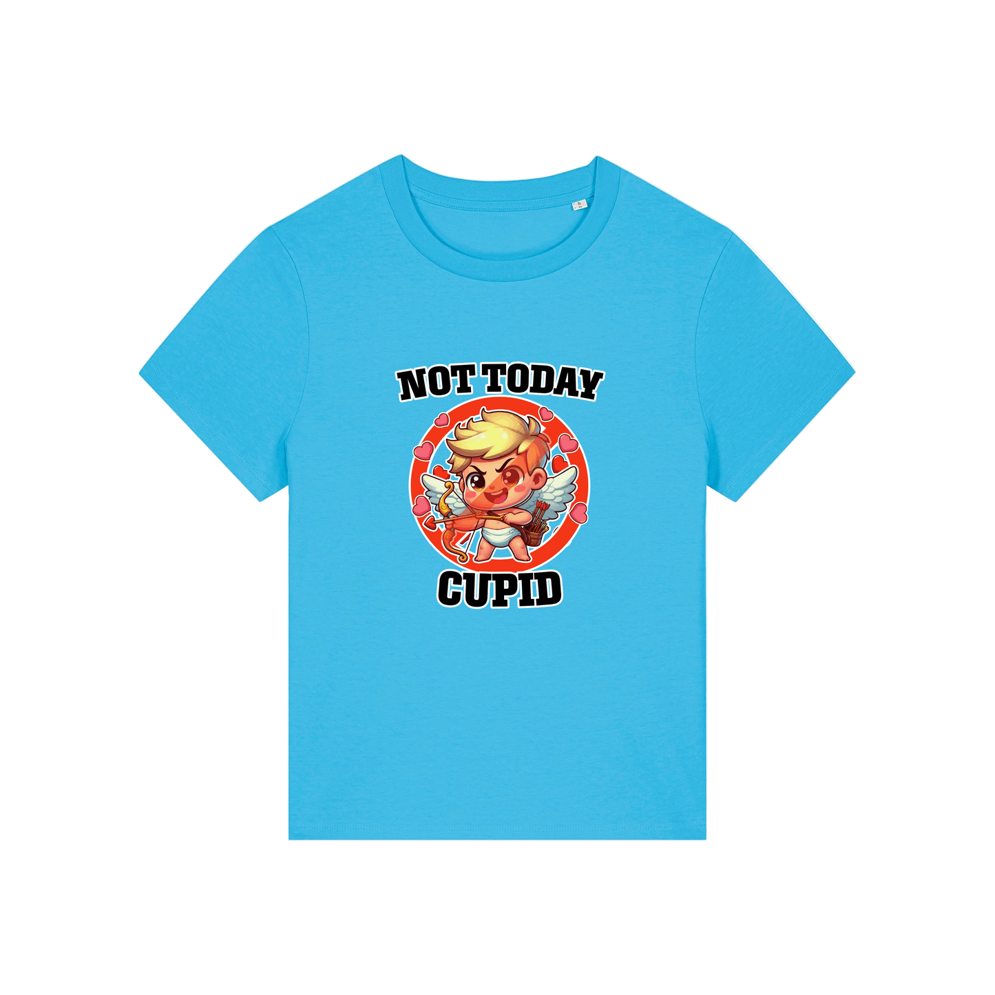 blue funny t-shirt with the graphic of cupid and the slogan 'not today cupid'