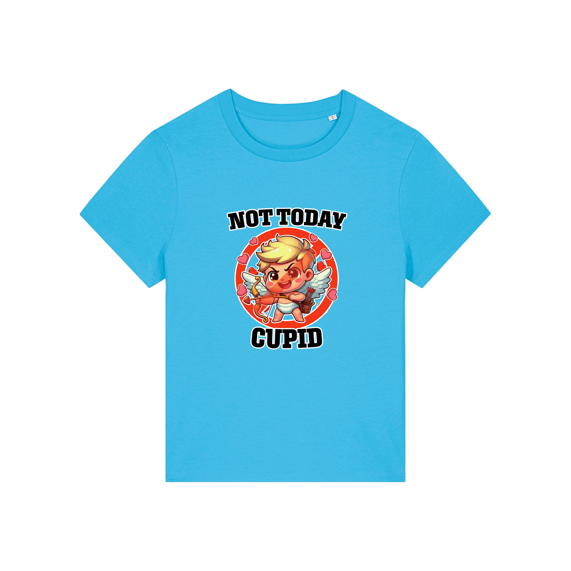 blue funny t-shirt with the graphic of cupid and the slogan 'not today cupid'