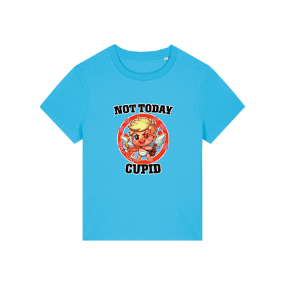blue funny t-shirt with the graphic of cupid and the slogan 'not today cupid'