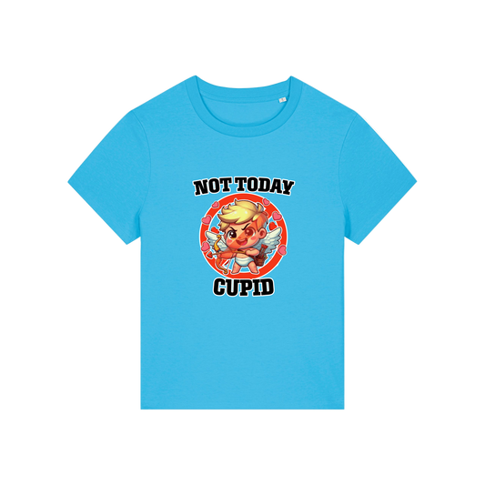 blue funny t-shirt with the graphic of cupid and the slogan 'not today cupid'