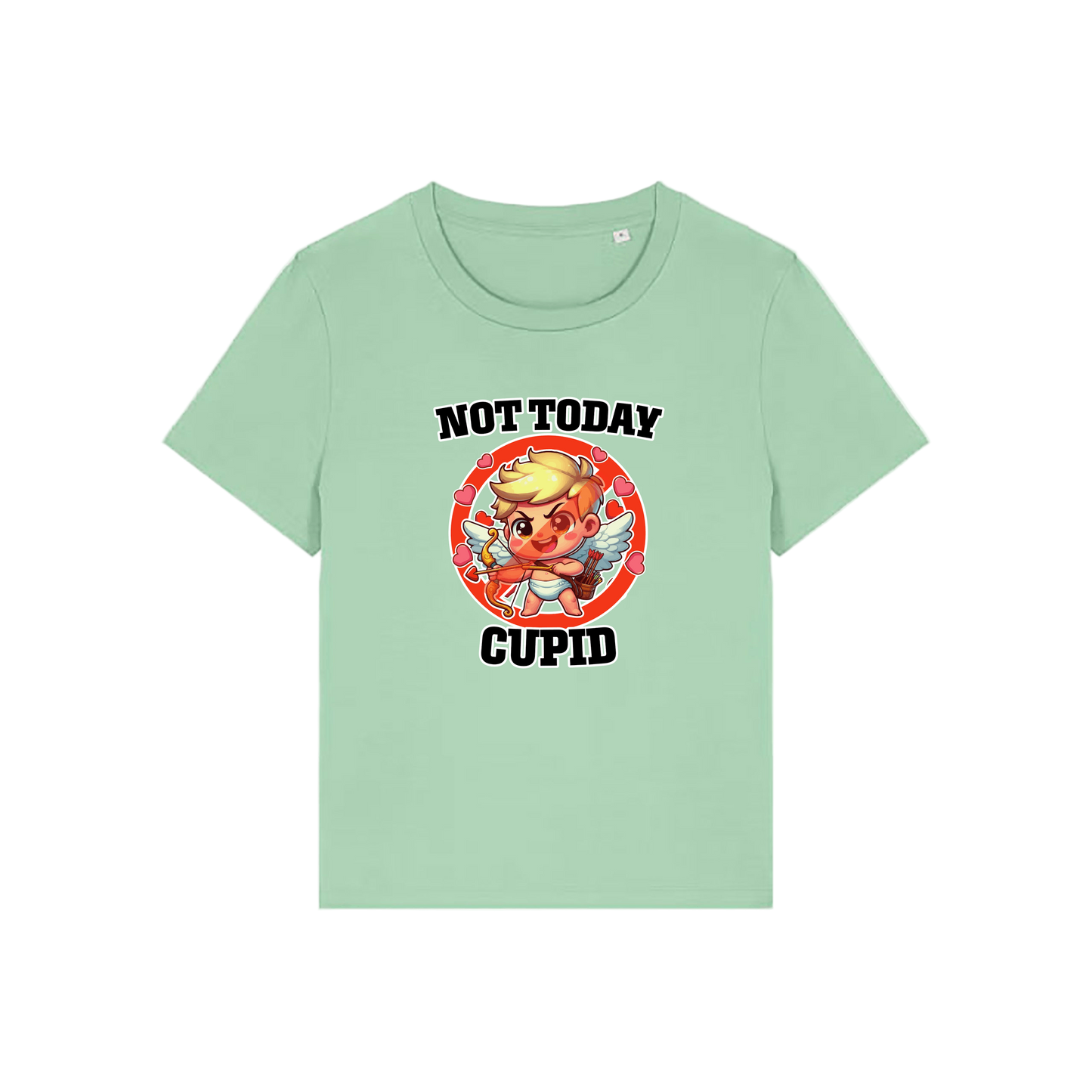 green funny t-shirt with the graphic of cupid and the slogan 'not today cupid'