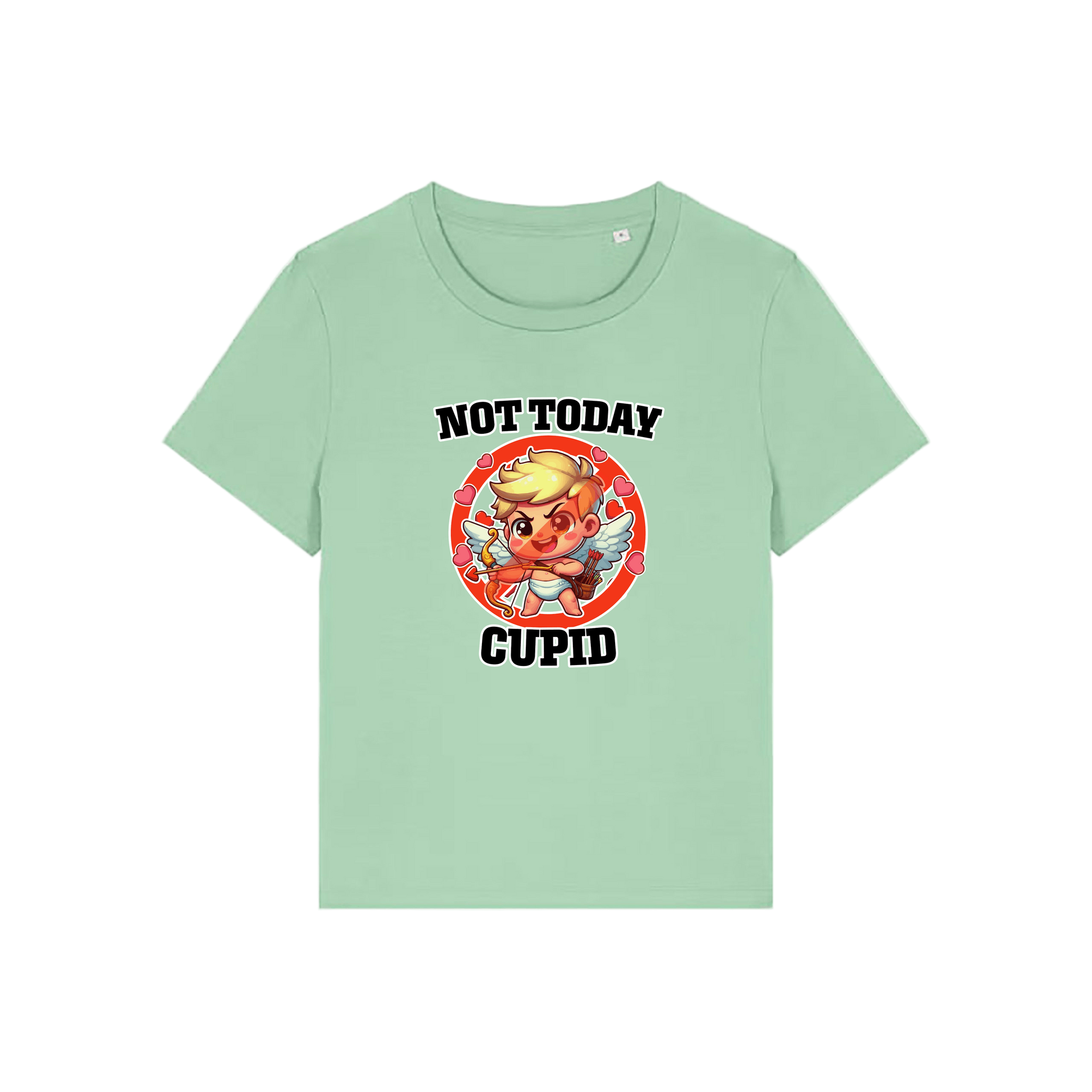 green funny t-shirt with the graphic of cupid and the slogan 'not today cupid'